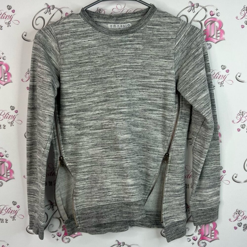Amnesia sweater top double zippers zip up detail Heather Gray Crewneck Sweater